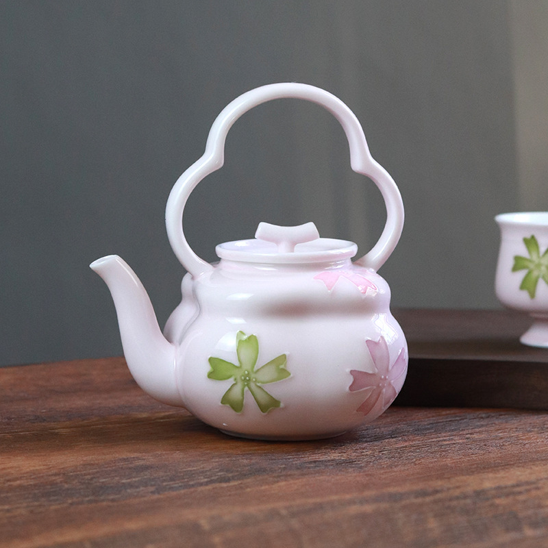 Ấm trà màu sơn bóng Arita vẽ tay ấm trà màu hồng hoa anh đào ấm trà gốm sứ Kung Fu ấm trà đơn giản gia dụng