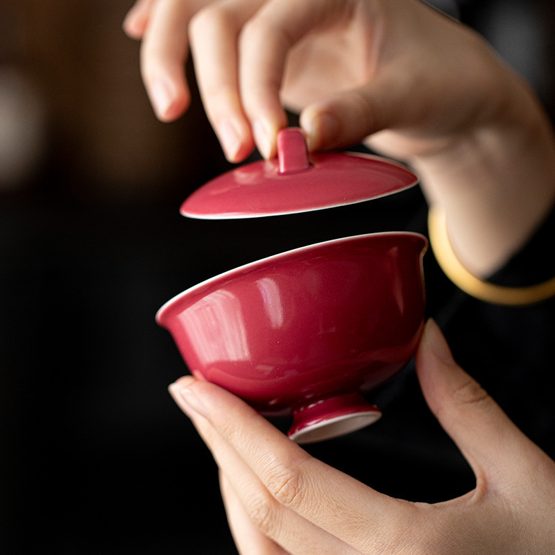 Bát có nắp màu đỏ carmine, bát pha trà lốp mỏng bằng gốm thủ công, tách trà, bộ trà Kung Fu không nóng, quà tặng cổ điển chân cao