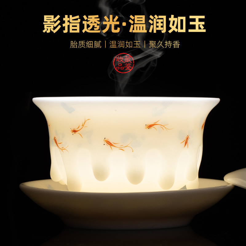 Bộ ấm chén trà sứ trắng Dehua cao cấp, họa tiết cừu mỡ ngọc bích Sancai, quà tặng của bậc thầy Xu Fukun.