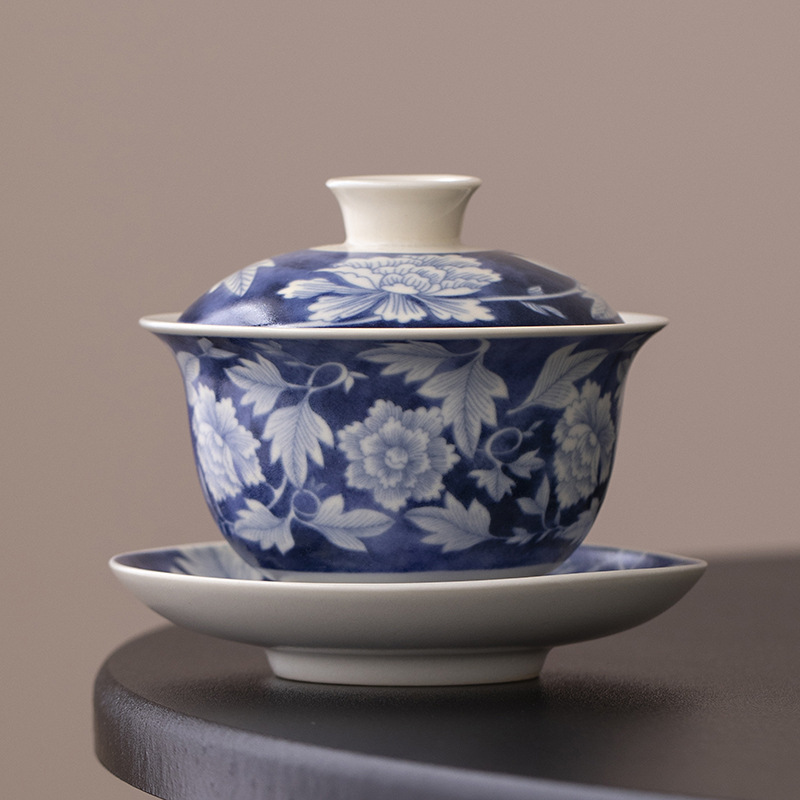 Quốc Triều Nguyên màu xanh lam bát có nắp ba tài dụng cụ trà Kung Fu cầm tay bát pha trà đơn không nóng gia dụng cổ điển bát trà