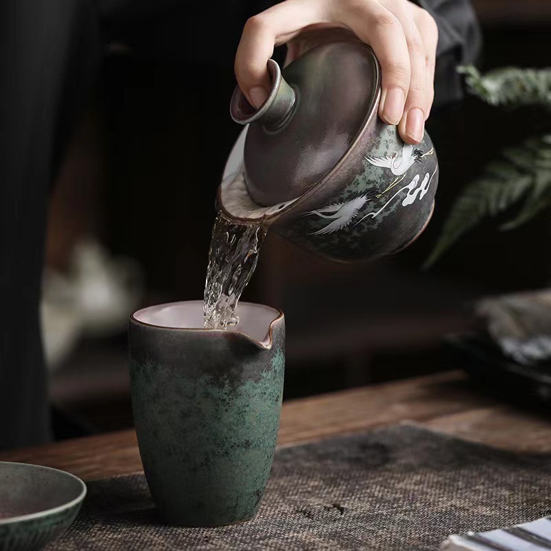 Bát có nắp tam tài gốm sứ đổi màu kiểu Nhật Bộ trà Kung Fu dụng cụ pha trà gia dụng Bát trà lớn hình hạc sáng tạo