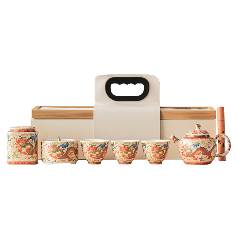 Bộ dụng cụ pha trà men rồng tốt lành quà tặng gia dụng kiểu Trung Quốc nguyên bộ dụng cụ pha trà gốm sứ ấm trà tách trà quà tặng doanh nghiệp