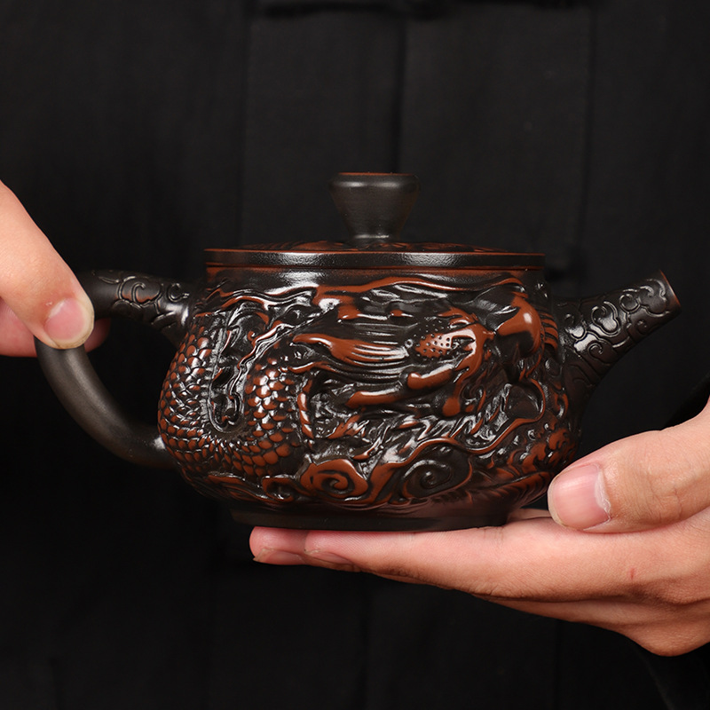 Ấm trà gốm tím Jianshui, ấm trà ngói Hán khắc thủ công, ấm trà Fengming có thể nâng xoay, bộ ấm trà gia dụng