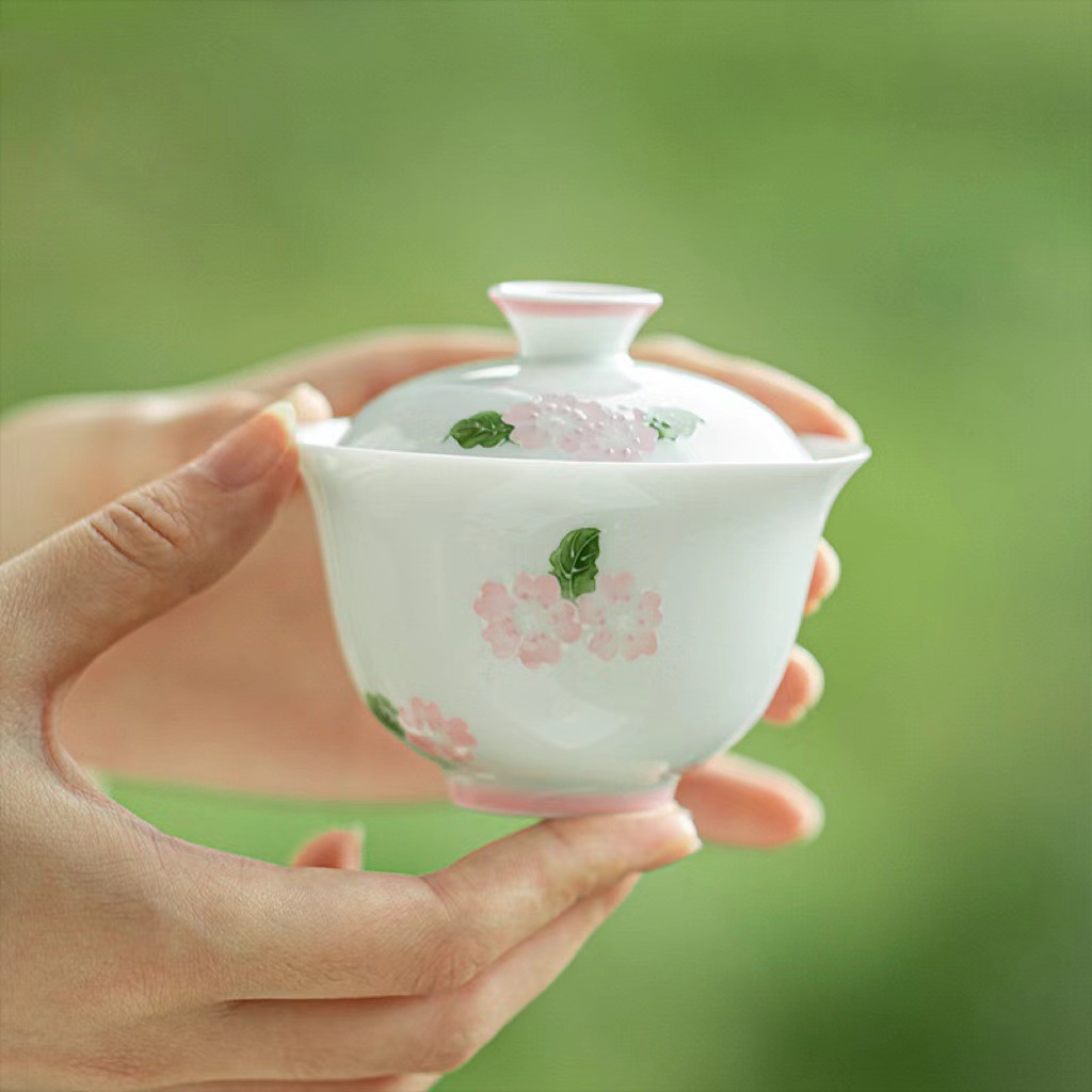 Sứ trắng bùn ngọc bích vẽ tay tinh khiết Nhị hoa Fuling nhị Tài Bát nắp Bộ trà gốm sứ mỏng không nóng Bát pha trà