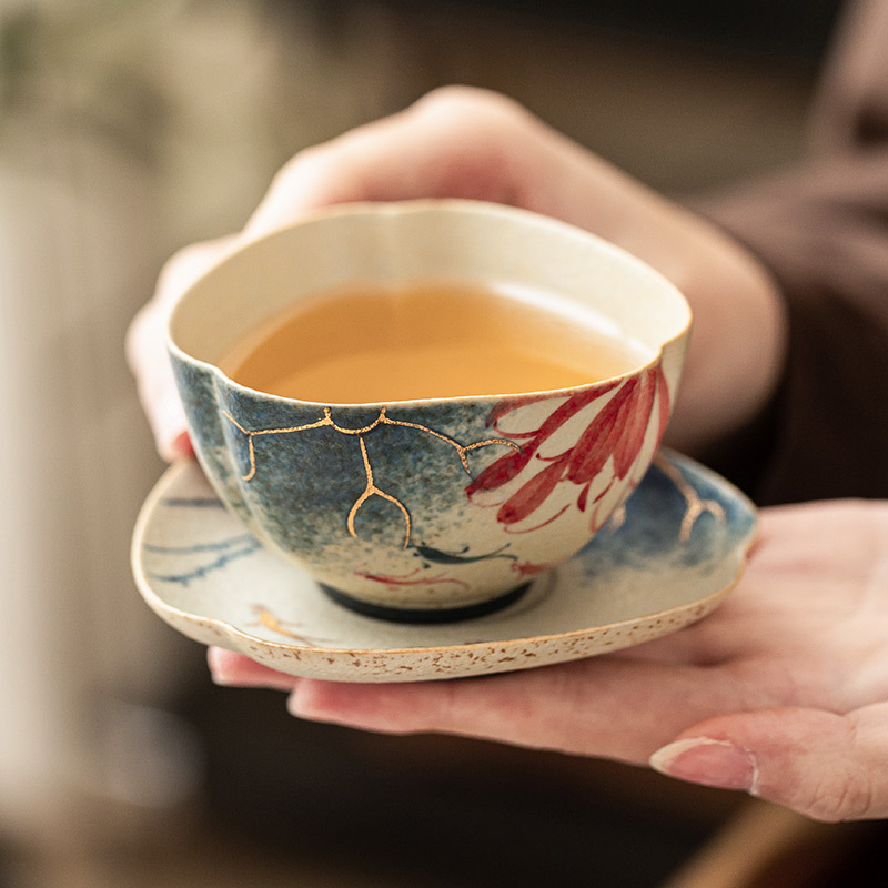 Nhà máy màu xanh và trắng đá lửa cốc trà gốm sứ đỏ chạm khắc vàng vẽ tay hoa sen vần hoa sen koi miệng cốc hướng dương cốc chủ sở hữu cốc trà cốc cốc và đĩa
