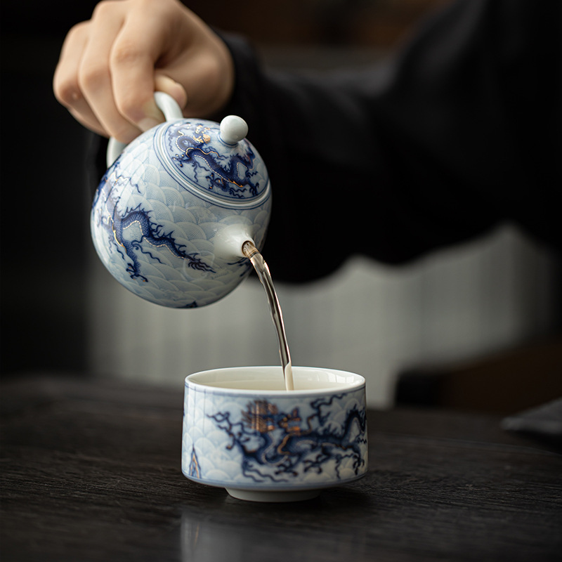 Bộ ấm trà gốm sứ hoa văn rồng sai vàng bạc bộ ấm trà cốc trà có nắp Kung Fu cao cấp kiểu Trung Quốc văn phòng quà tặng