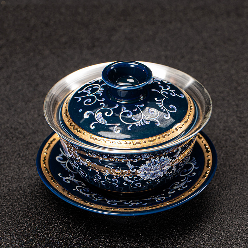 Bát có nắp mạ bạc bằng sứ trắng xanh Jingdezhen bát trà gốm sứ cốc trà lớn bộ trà Kung Fu cao cấp cốc trà gia dụng