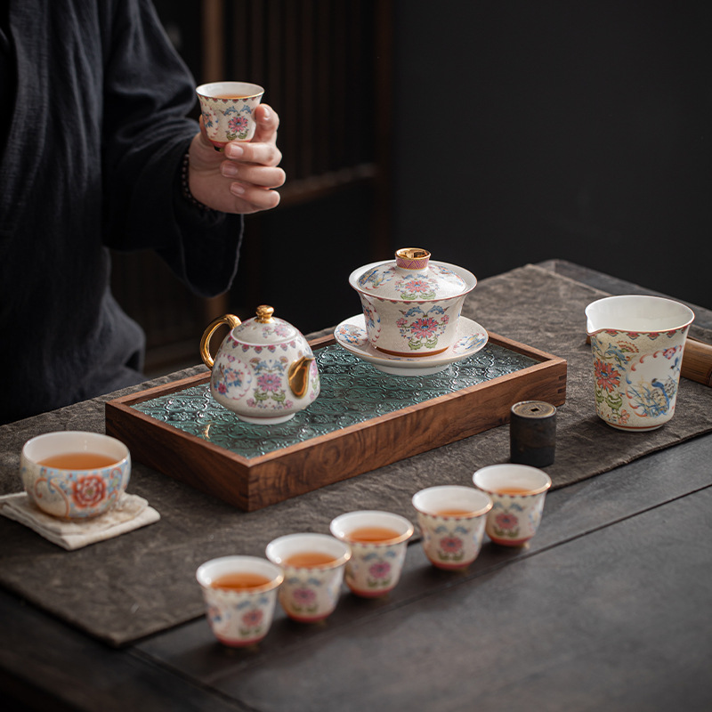 Bộ ấm trà Kung Fu bạc chạm khắc thủ công, bát pha trà màu men phong cách thủy triều quốc gia, bộ quà tặng trọn bộ