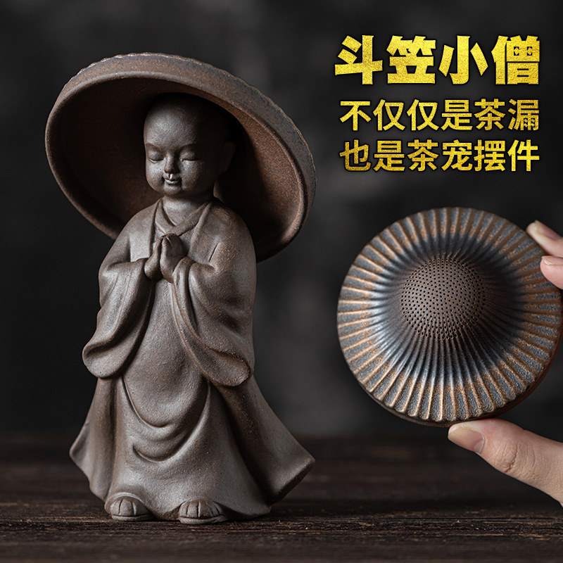 Đồ trang trí vật nuôi trà nhà sư nhỏ bằng sứ tráng men mạ vàng kiểu Nhật dụng cụ lọc trà lưới trà
