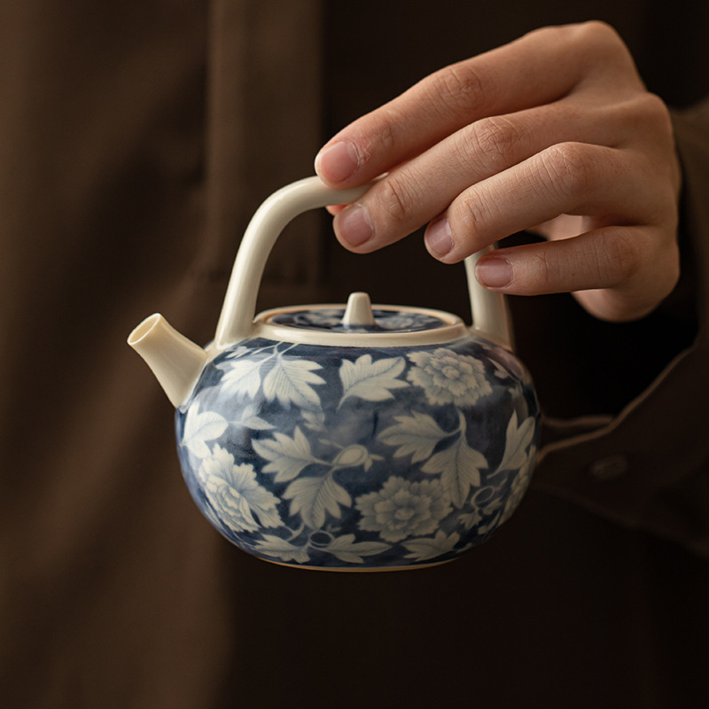 Ấm pha trà màu xanh và trắng tráng men soda, ấm đơn bằng sứ, ấm tay cầm, ấm tay cầm, ấm giọt nước, bộ trà Kung Fu