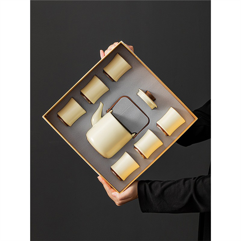 Bộ dụng cụ pha trà công phu cốc trà gốm sứ hộp quà dung tích lớn khay trà óc chó đơn giản gia dụng sang trọng