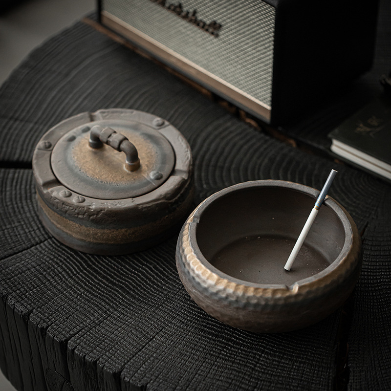 Bán buôn Gạt Tàn Có nắp bằng gốm thô chống bay Xám Zen sáng tạo gia dụng phòng khách văn phòng phong cách retro đồ trang trí bàn trà