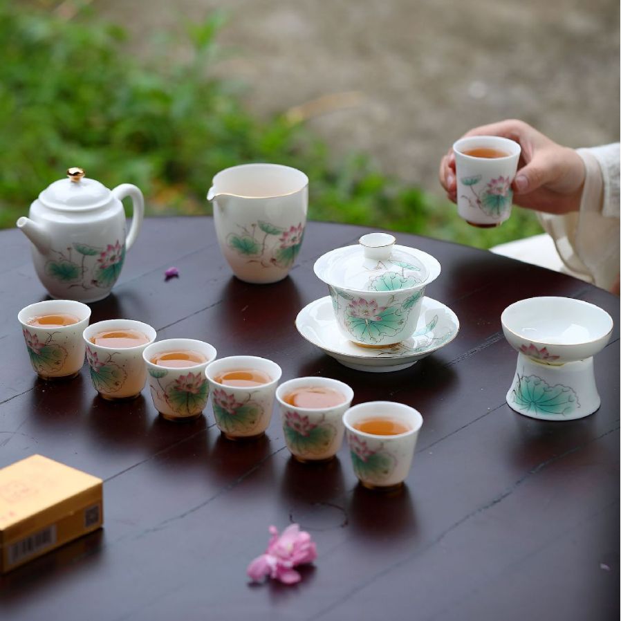 Bộ ấm trà Kung Fu bằng sứ trắng ngọc bích Bộ ấm trà gia đình đơn giản Yujie Qinglian Bộ ấm trà sang trọng nhẹ