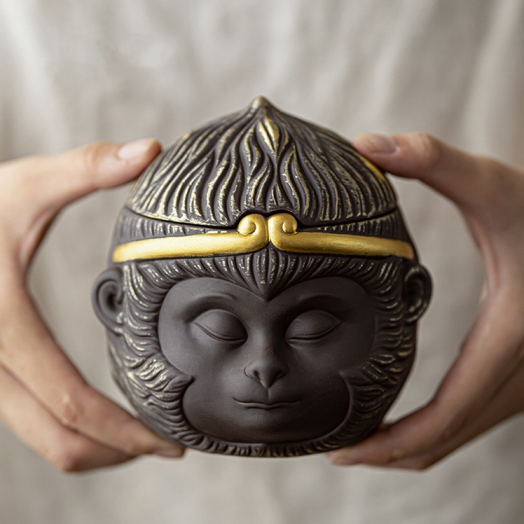 Hộp đựng trà đất sét màu tím, hộp đựng lớn kín của Đại Sư Ngộ Không, hộp đựng, đồ trang trí bằng gốm sứ sang trọng nhẹ nhàng kiểu Trung Quốc mới, xu hướng quốc gia.