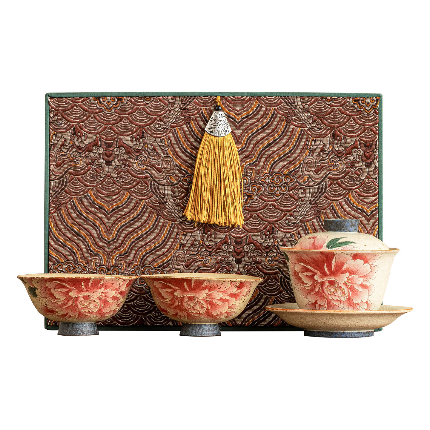 Bộ trà gốm sứ đỏ đá lửa trắng xanh có nắp bát du lịch ngoài trời bộ nhỏ túi đựng đồ xách tay quốc triều cốc khách nhanh