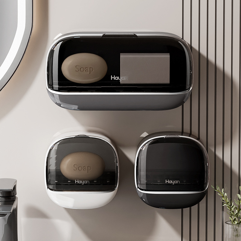 Hộp xà phòng hai ngăn nắp lật không đục lỗ treo tường hộp xà phòng thoát nước hộp đựng đồ sang trọng nhẹ cao cấp dùng trong nhà vệ sinh