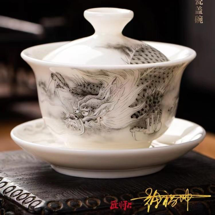 Bộ trà sứ ngọc bích Xu Fukun có nắp, Bộ trà gốm sứ Kung Fu mỏng màu trắng ngọc bích cao cấp có cốc trà bong bóng.