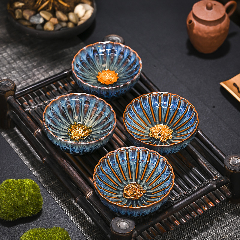 Cốc chủ nhân bằng bạc dát lò nung, cốc trà gốm sứ mạ vàng, bộ trà, chén trà, bát trà đơn, chén trà Kung Fu gia dụng, chén xây