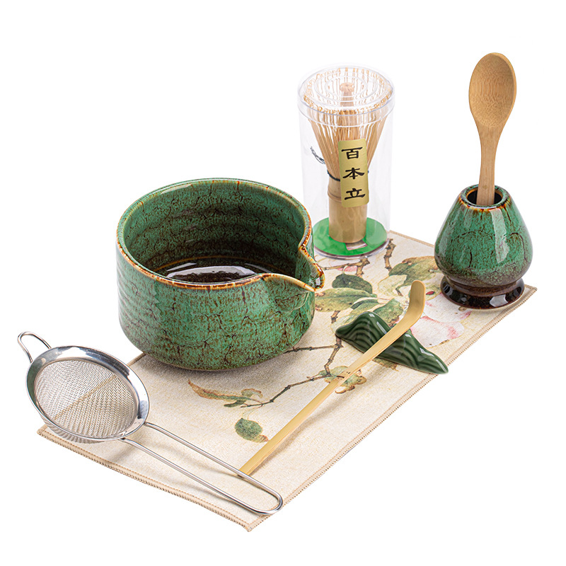 Bộ tám chiếc bát trà matcha màu chảy nung trong lò với miệng thông minh, dụng cụ pha trà bằng gốm sứ Nhật Bản, sàng bột, bộ lọc, phụ kiện cọ trà