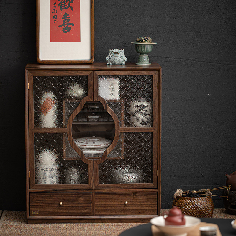 Phong cách Trung Quốc mới Bắc Mỹ Gỗ Óc Chó Mantingfang tủ đựng trà Bộ trà cốc trà Ngăn Kéo Chống bụi ngăn kéo kính
