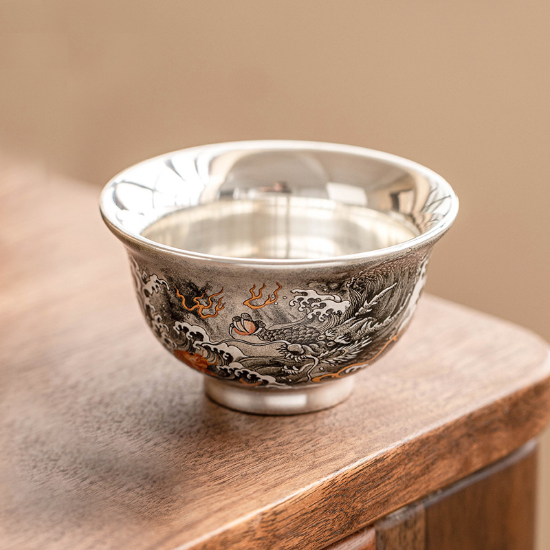Cốc trà nhỏ hình rồng mực cá cốc Chủ Bộ trà Kung Fu đơn cao cấp cốc đơn cốc phong cách mực 999 cốc trà mạ bạc