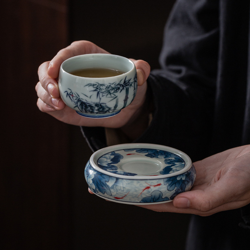 Nắp chén trà sứ xanh trắng cổ điển, nắp tô, đế lót ly bàn trà nhỏ bằng gốm, giá đỡ ấm trà, phụ kiện trà đạo