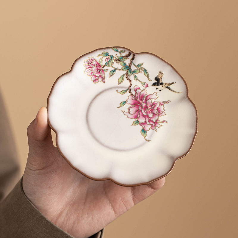 Lót cốc miệng hoa Ru Lò, thạch mỡ lợn, hoa mẫu đơn, tấm cách nhiệt chống trượt, cốc trà sứ Ru tinh tế, phụ kiện trà đạo, tấm trà