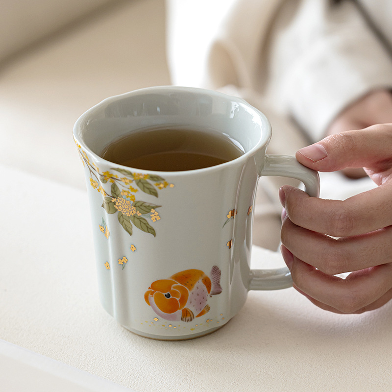 Cốc gốm sứ cá osmanthus vàng xám thực vật phong cách quốc gia cốc uống trà dung tích lớn gia dụng cốc cà phê cá nhân văn phòng