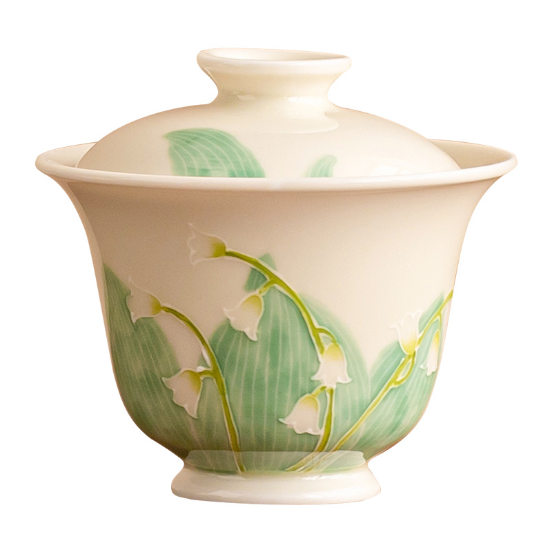 Hàng đống vẽ tay chạm khắc hoa lan thung lũng bát nắp nhị tài cốc trà bát trà gốm sứ gia dụng bát trà Kung Fu cỡ lớn có nắp chống bỏng