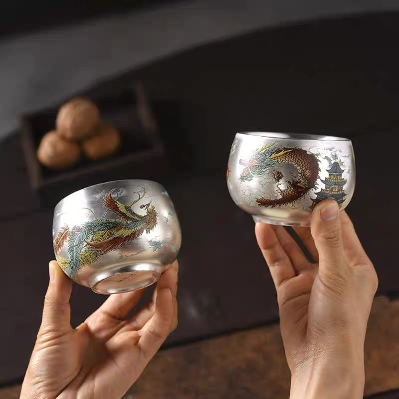 Zhou Hongjie Dragon and Phoenix Silver Cup Master Cup Silver Tea Cup Dragon and Phoenix Cup mạ bạc Cup 999 Silver Cup Home Cup