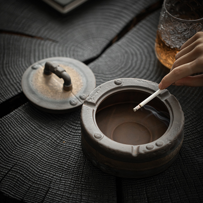 Bán buôn Gạt Tàn Có nắp bằng gốm thô chống bay Xám Zen sáng tạo gia dụng phòng khách văn phòng phong cách retro đồ trang trí bàn trà