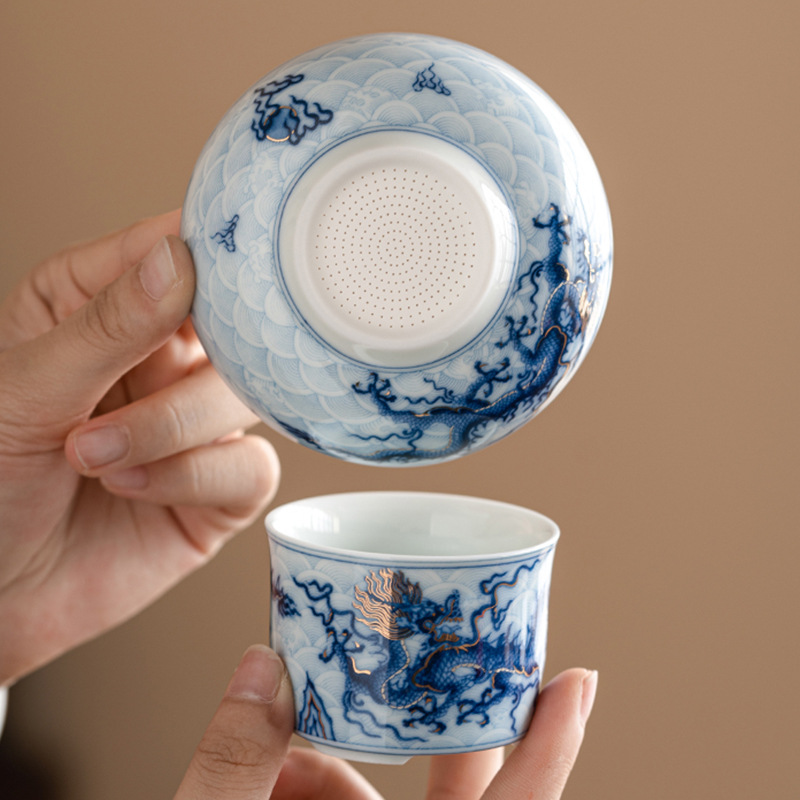 Bộ lọc trà rò rỉ trà cổ điển họa tiết rồng xanh và trắng vàng bạc phụ kiện bộ trà Kung Fu cao cấp bộ lọc trà gốm sứ