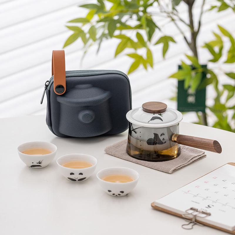 Panda gốm sứ cốc khách nhanh một ấm Ba cốc có túi xách tay Cắm Trại Ngoài trời di động Bên tay cầm Bộ trà du lịch