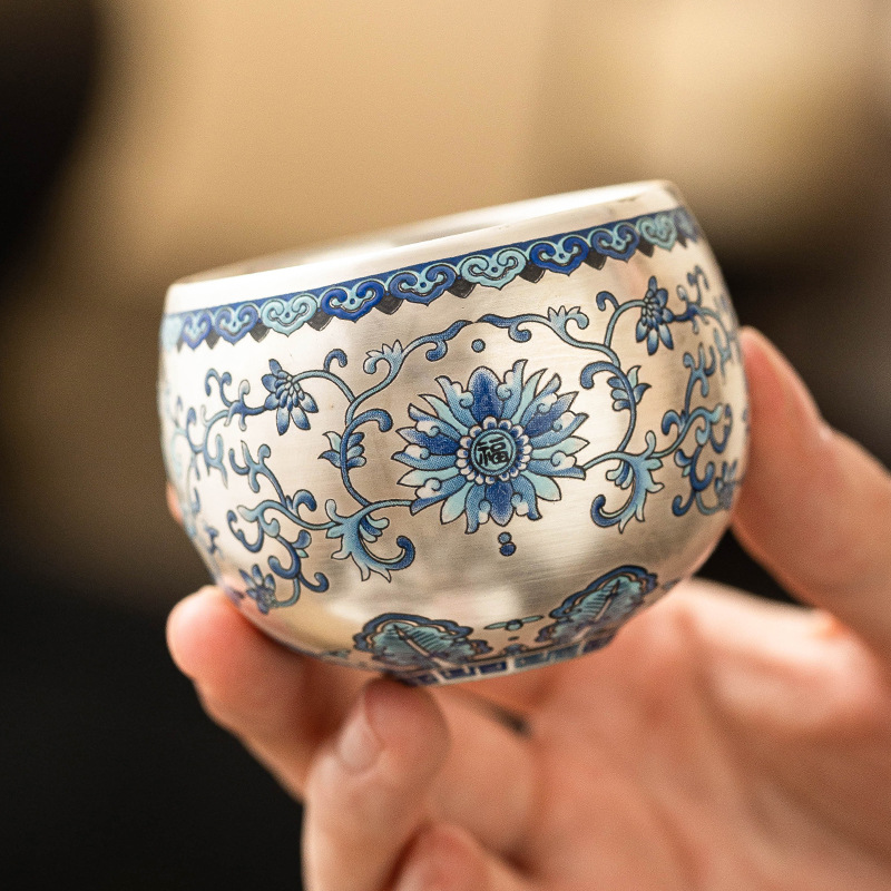 Cốc thiền mạ bạc năm sen may mắn cốc chủ nhân gốm sứ gia dụng cốc trà cao cấp sang trọng cốc trà ngon cốc uống trà kiểu Trung Quốc