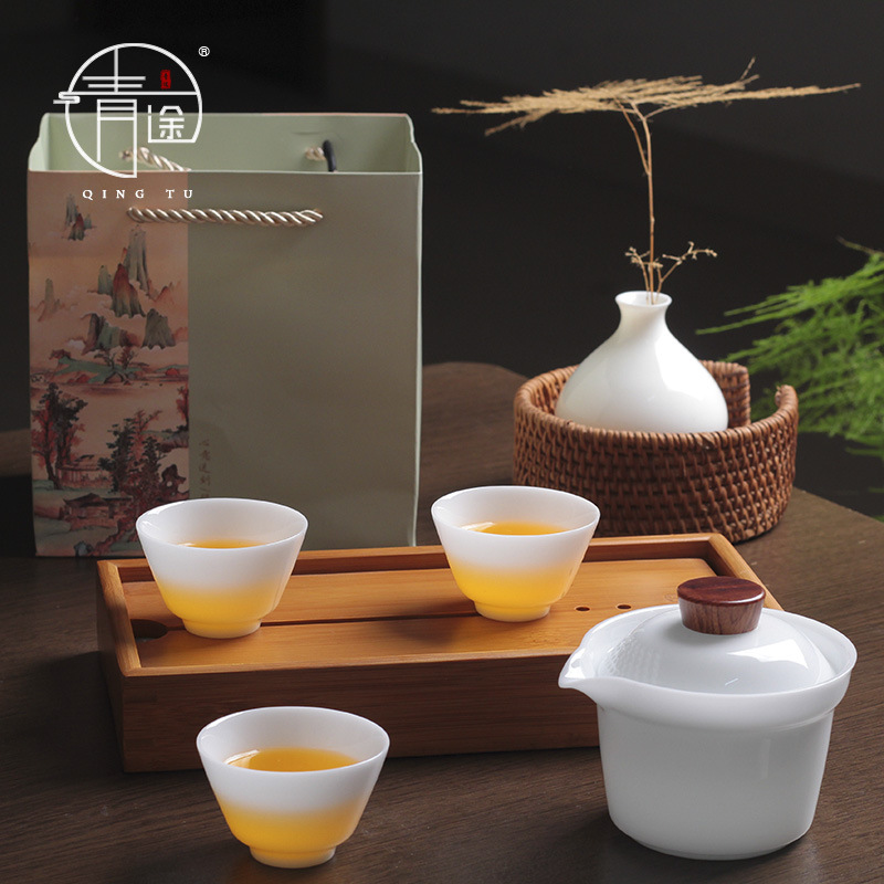 Bộ du lịch một nồi ba cốc ngoài trời di động Bộ cốc trà Kung Fu với cốc sứ đá quý nhanh.