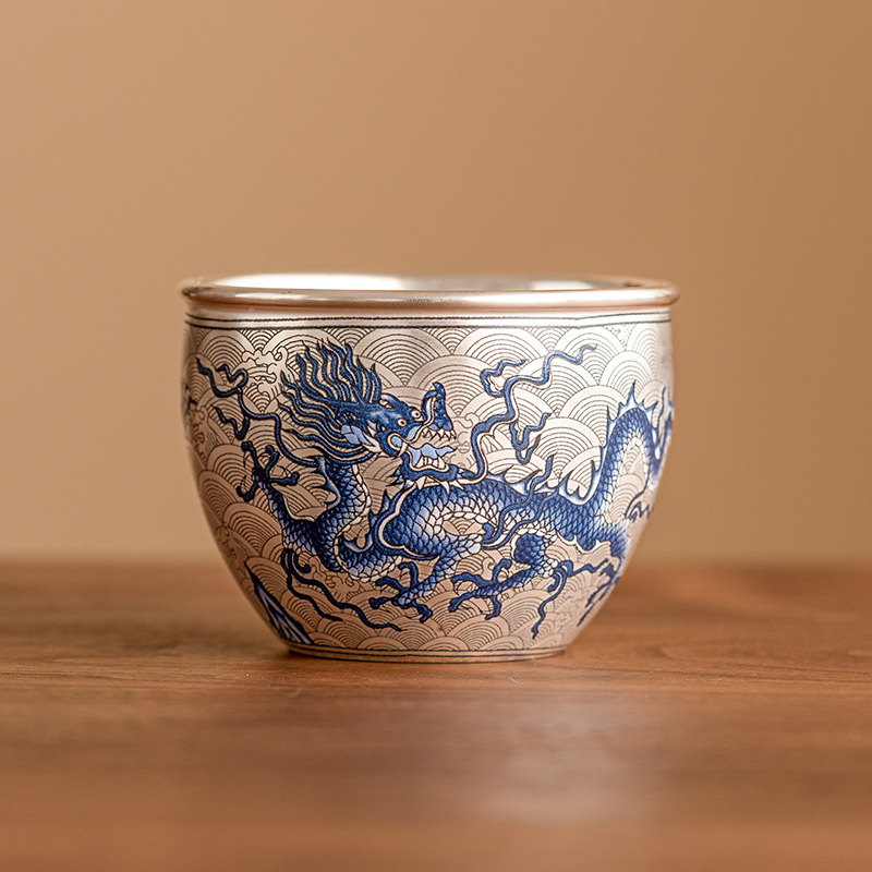 Cốc bình phong hoa văn rồng trắng xanh mạ bạc 999 cốc đơn cao cấp cốc chủ nhân Bộ trà Kungfu cốc trà