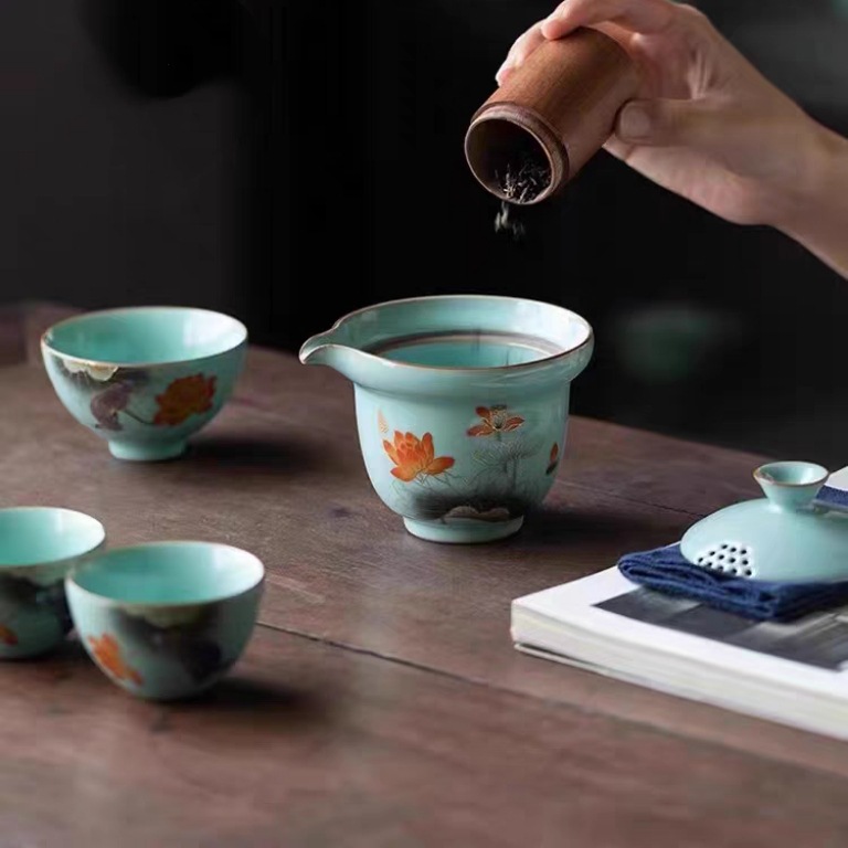 Bộ ấm trà du lịch Ru Kiln, cốc khách nhanh di động, ba cốc cho một người ngoài trời, quà tặng lò hồ dày cao cấp