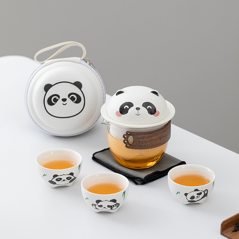 Bộ dụng cụ trà du lịch di động bằng gốm sứ Panda Kuaike Cup Bộ một ấm ba cốc cắm trại ngoài trời ấm trà