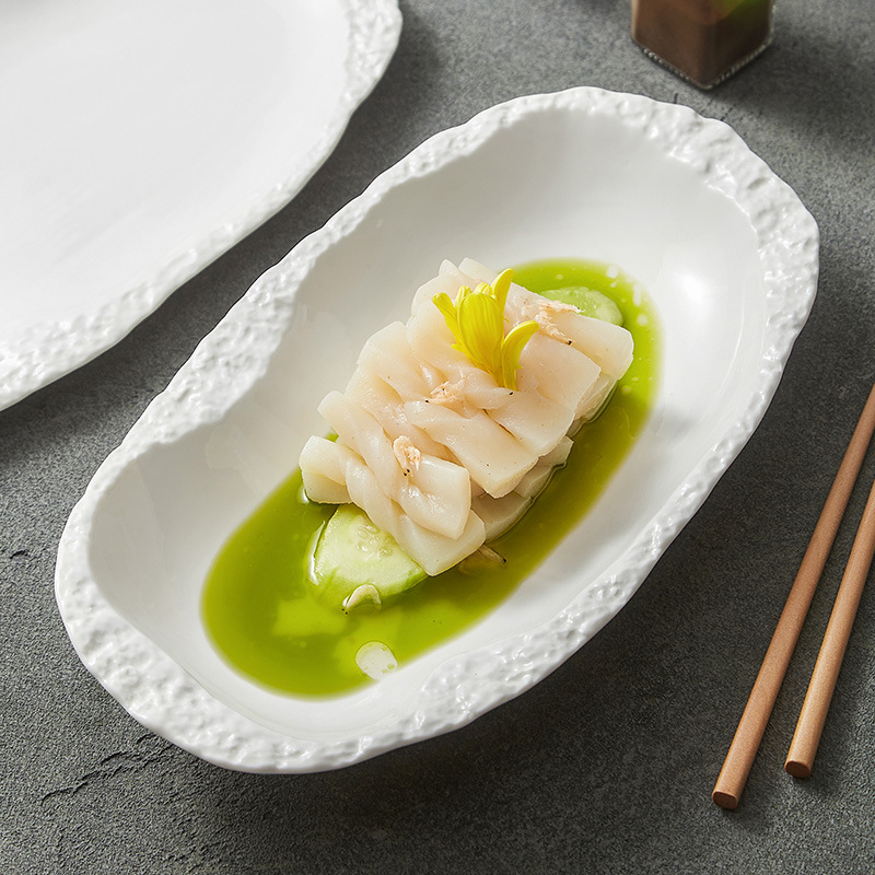 Đĩa cá hoa văn đá Đĩa cá hấp đĩa gốm sáng tạo cá tính Đĩa ăn gia dụng Đĩa bát đĩa hình bầu dục Đĩa canh 12 inch