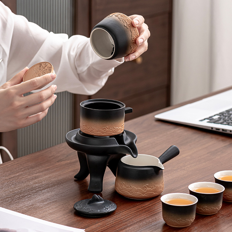 Bộ ấm trà tự động sóng biển ấm trà gia dụng cốc trà cốc pha trà giả đá lười cao cấp sang trọng bán buôn