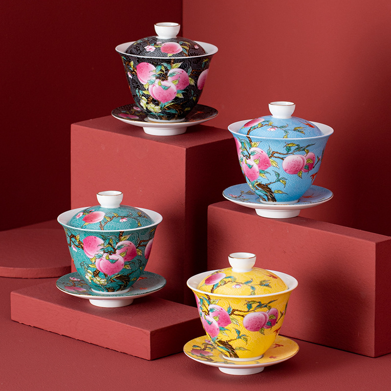 Bát có nắp men chín đào ngũ phúc bát có nắp tam tài gia dụng đơn bộ trà công phu bát pha trà bát trà phục vụ bán buôn