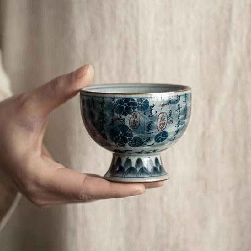Fanshantang đất sét cũ mở mảnh màu xanh và trắng chủ nhân cốc tranh phong cảnh đơn gốm sứ cốc trà giả cổ Kung Fu