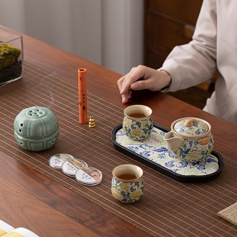 Bộ ấm trà Kung Fu lò Ru màu xanh và trắng, ấm trà cầm tay cao cấp có thể giữ được, hộp quà văn phòng gia dụng