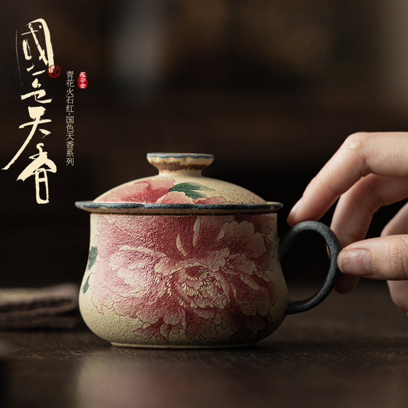 Ly sứ uống trà cà phê màu xanh trắng, có nắp, tách trà nước, dùng cho nhà và văn phòng