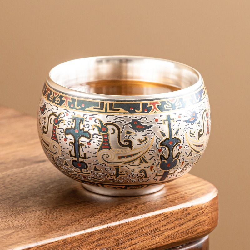 Cốc trà sang trọng nhẹ 999 cốc thiền hoa văn Đôn Hoàng mạ bạc bộ trà cao cấp cốc chủ nhân chén trà Kung Fu không nóng tay