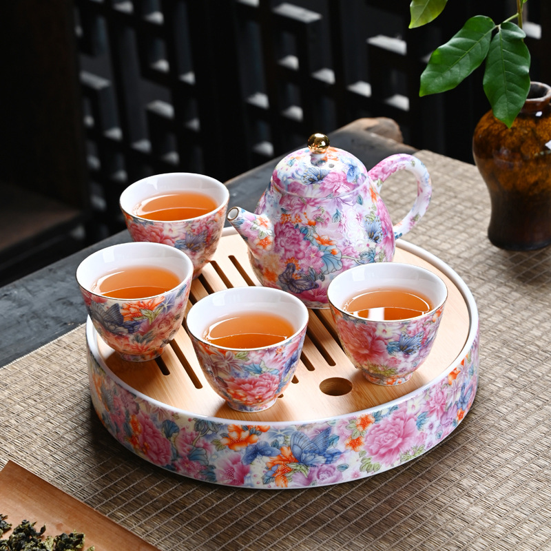 Bộ ấm trà Jingdezhen Bộ ấm trà mới 2024 Bộ ấm trà trọn bộ một ấm bốn cốc Hộp quà tặng tinh tế dành cho nữ