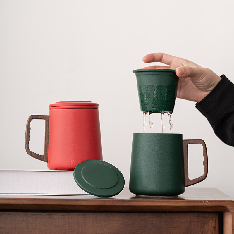 Cốc văn phòng gốm thô Harcheon tay cầm bằng gỗ có nắp tách trà nước uống dung tích lớn Cốc pha trà cốc quà tặng Trà doanh nhân