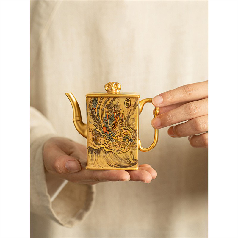 Ấm trà tứ thần thú bằng sứ mạ vàng ấm pha trà gia dụng kiểu Trung Quốc cổ điển bộ trà kungfu bộ trà cao cấp hộp quà