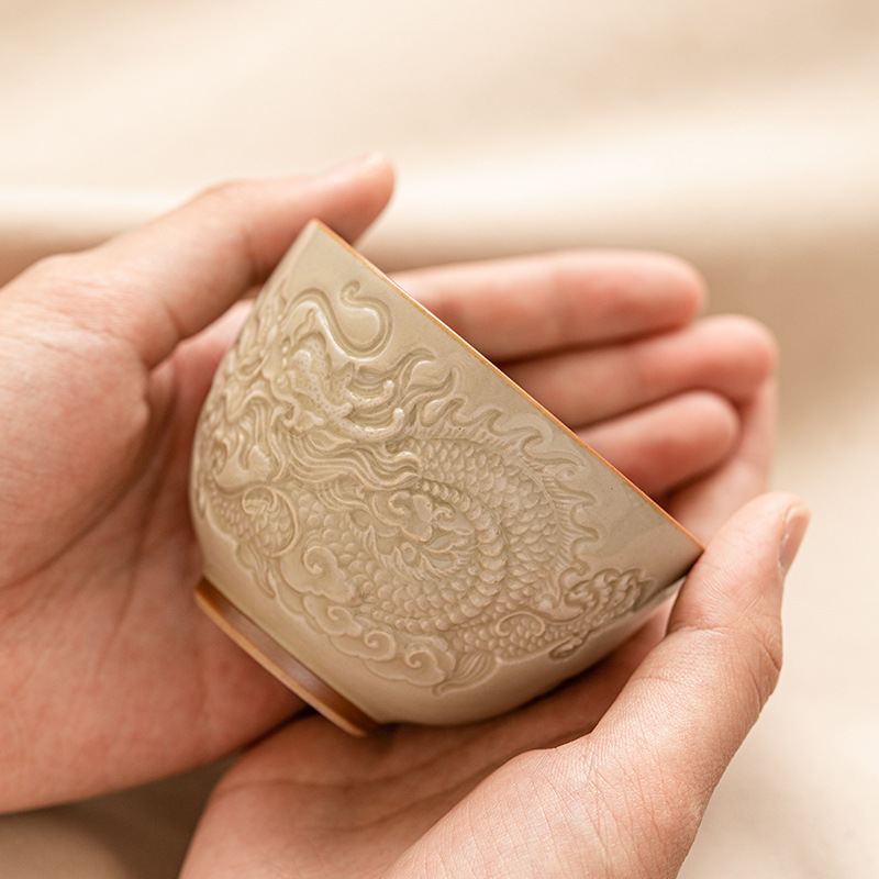 Cốc trà họa tiết rồng chạm nổi tráng men dày đặc, cốc chủ nhân, cốc trà Kung Fu Trung Quốc, cốc bộ trà gốm sứ đơn cao cấp