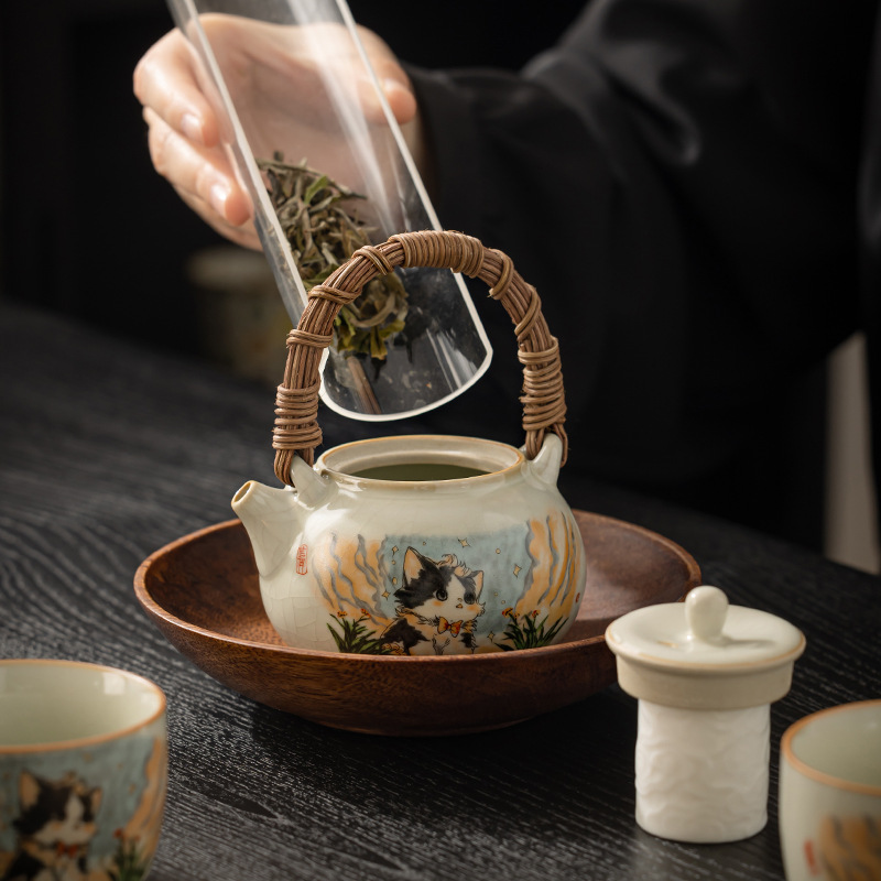 Ấm trà có tay cầm hình mèo dễ thương Ruyao để sử dụng tại nhà, Ấm trà đơn tinh tế cao cấp để pha trà, Bộ trà Gongfu với thiết kế Openwork.